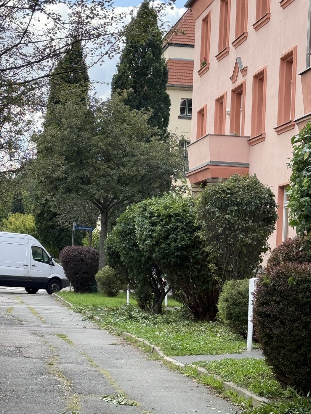 Frisch geschnittene Hecken vor einem Mehrfamilienhaus in Zwickau